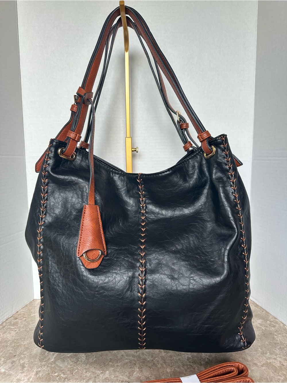DniastrLins Boho Western Slouchy Shoulder Bag Black Tan Trim